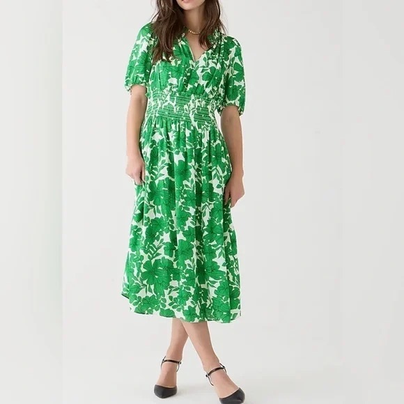 Smocked-waist short-sleeve dress in greenhouse floral print